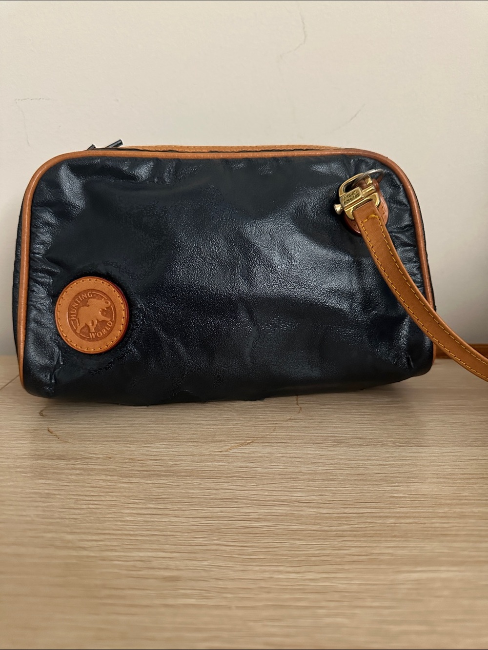 Vintage Hunting World Battue Cloth Black Crossbody/Wristlet with Brown Trim